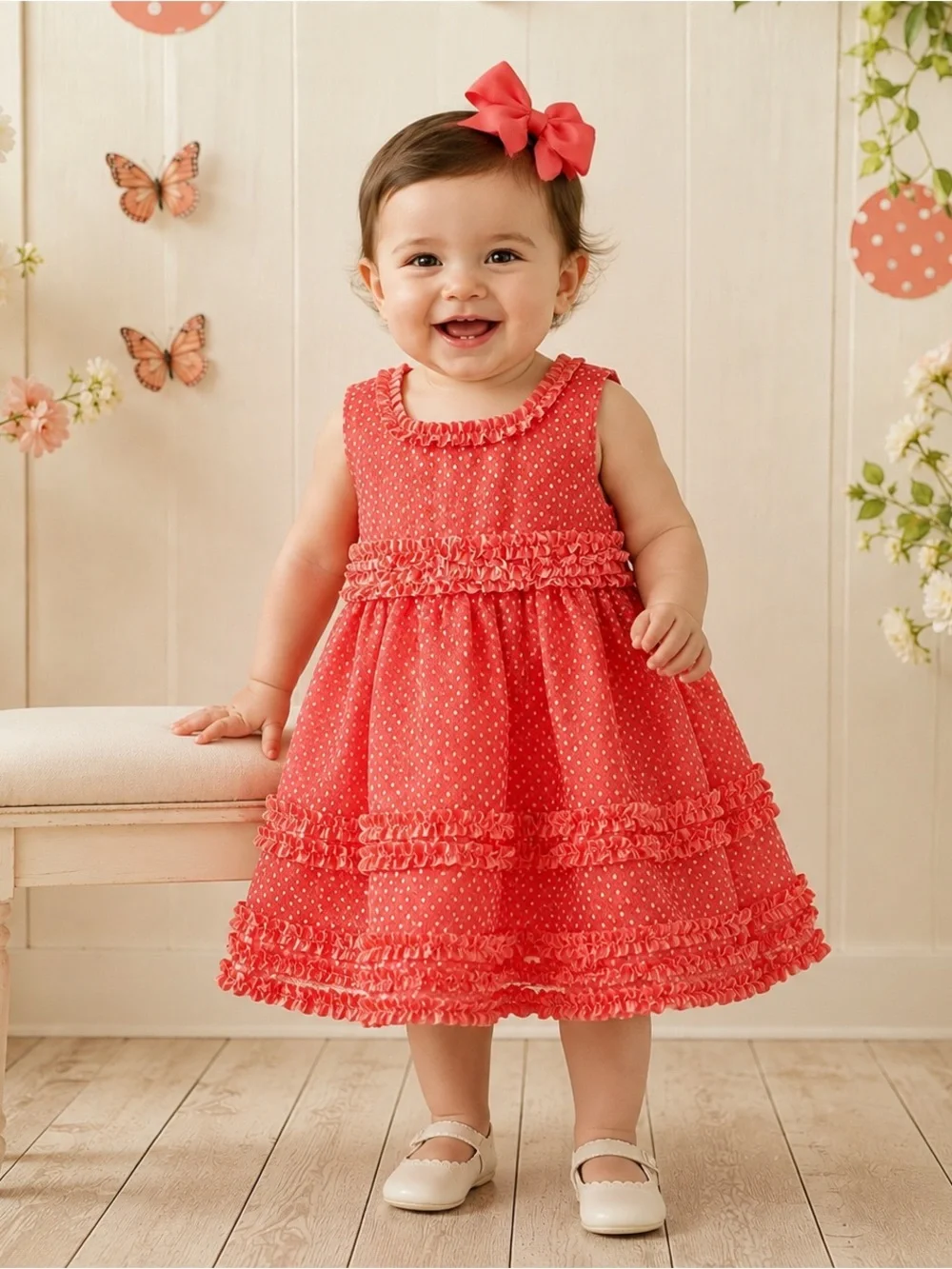 Rare Too Baby Girls 12M Coral Polka Dot Ruffle Dress Bloomers Bow NWOT